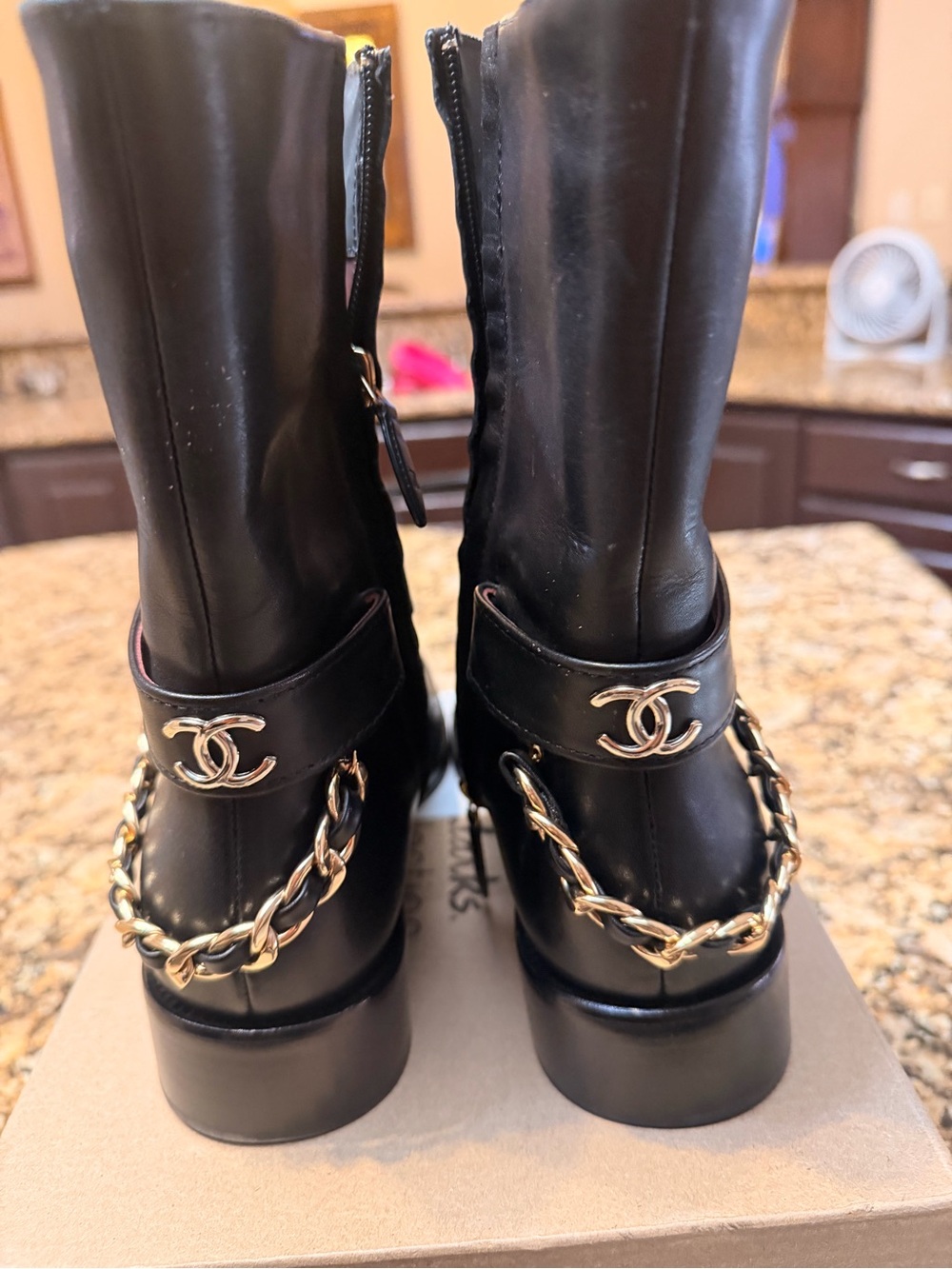 CHANEL Black Leather Chain-Trim Block Heel Ankle Boots